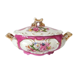 Porcelanowa bomboniera, neorokoko, dekoracje kwiatowe i złocenia